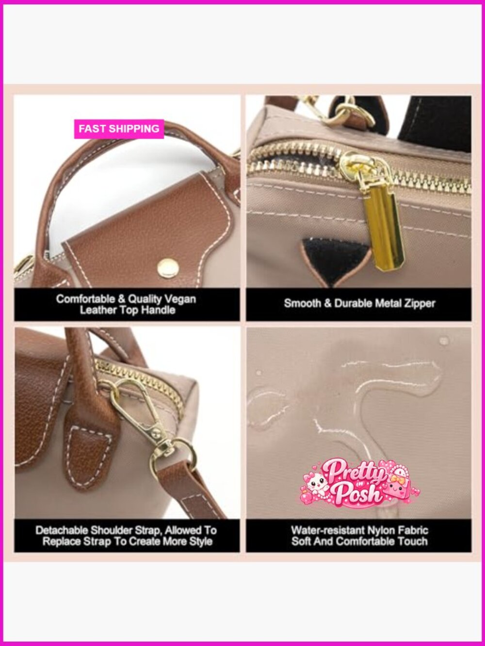 Mini Nylon Tote Crossbody Bag with Leather Trim Water-Resistant - Picture 5 of 7